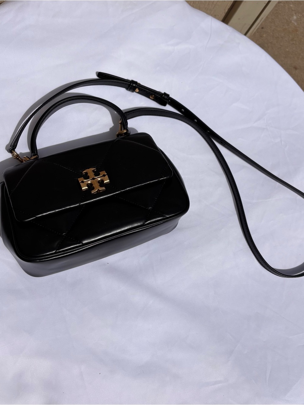 Tory Burch Black Quilted Leather Top-Handle Crossbody with Gold Logo